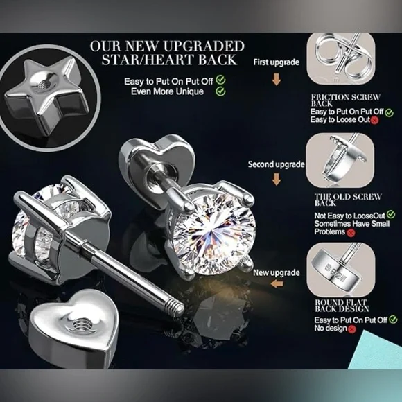 3 Pairs Certified Moissanite Solid 925 Sterling Silver Star Screw Back Earrings - Picture 9 of 16